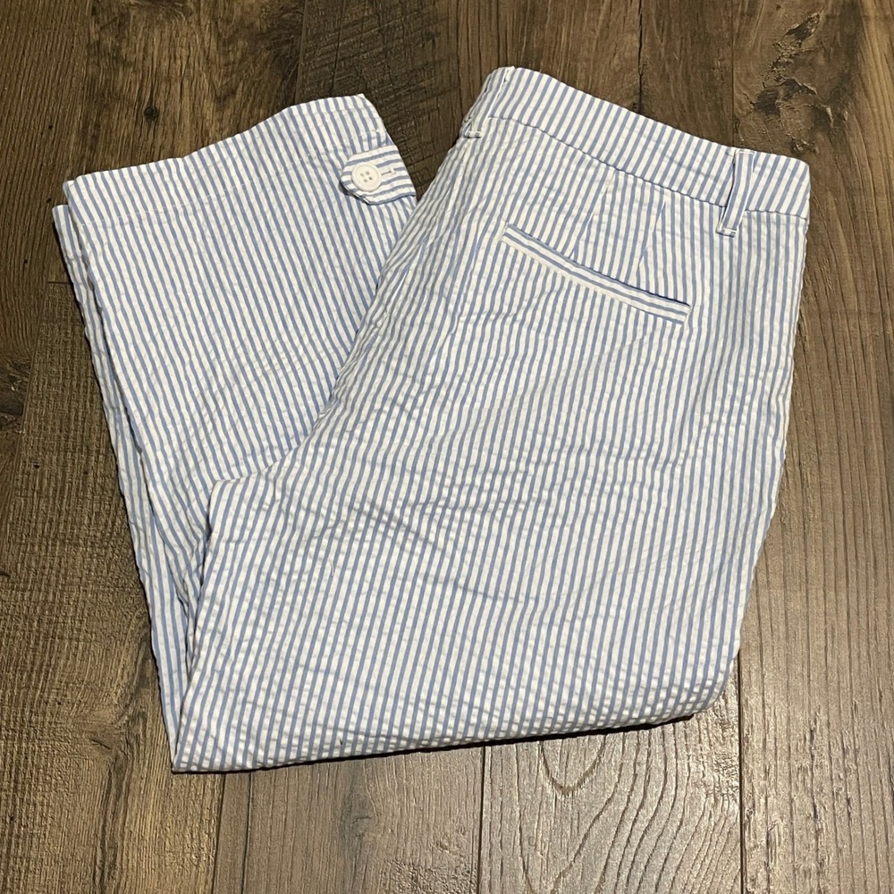 Talbots Petite Blue White Striped Seersucker Cropped Pants Size 8P Button Hem